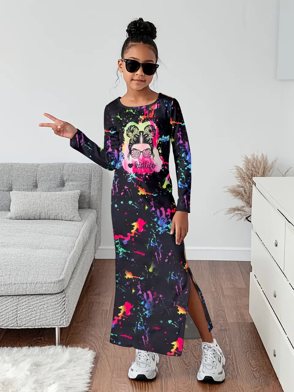 Girls Tie Dye Cartoon Long Sleeve Dress with Side Slit by LUNORIANA