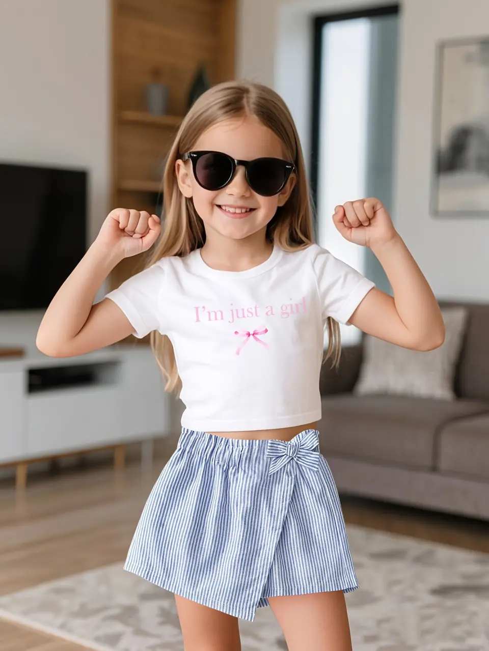 Girls Bow Print Tee and Blue Stripe Skort Set by LUNORIANA