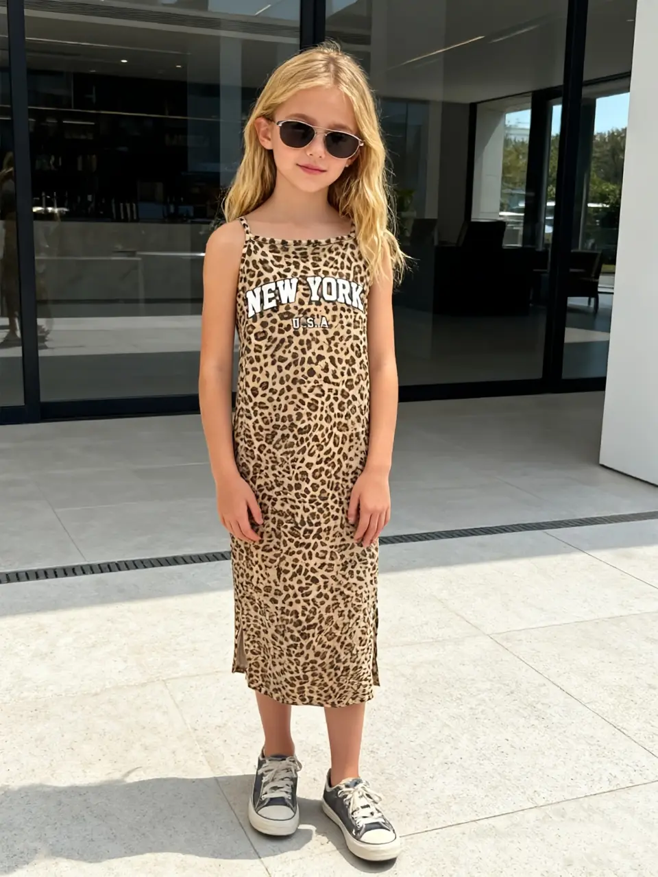 Girls Leopard Letter Print Sleeveless Maxi Dress by LUNORIANA