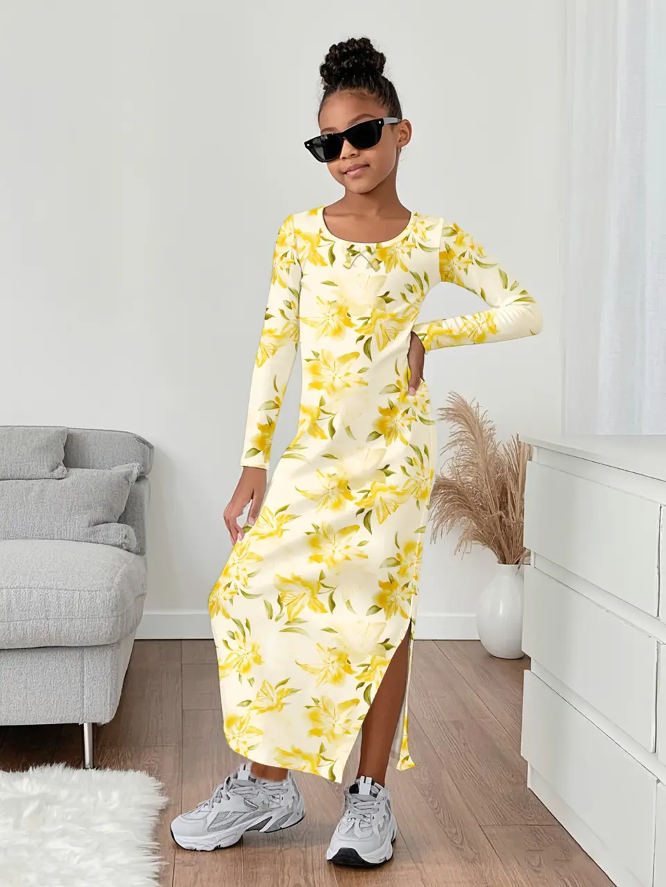 Girls Vintage Floral Long Sleeve Dress with Side Slit by LUNORIANA