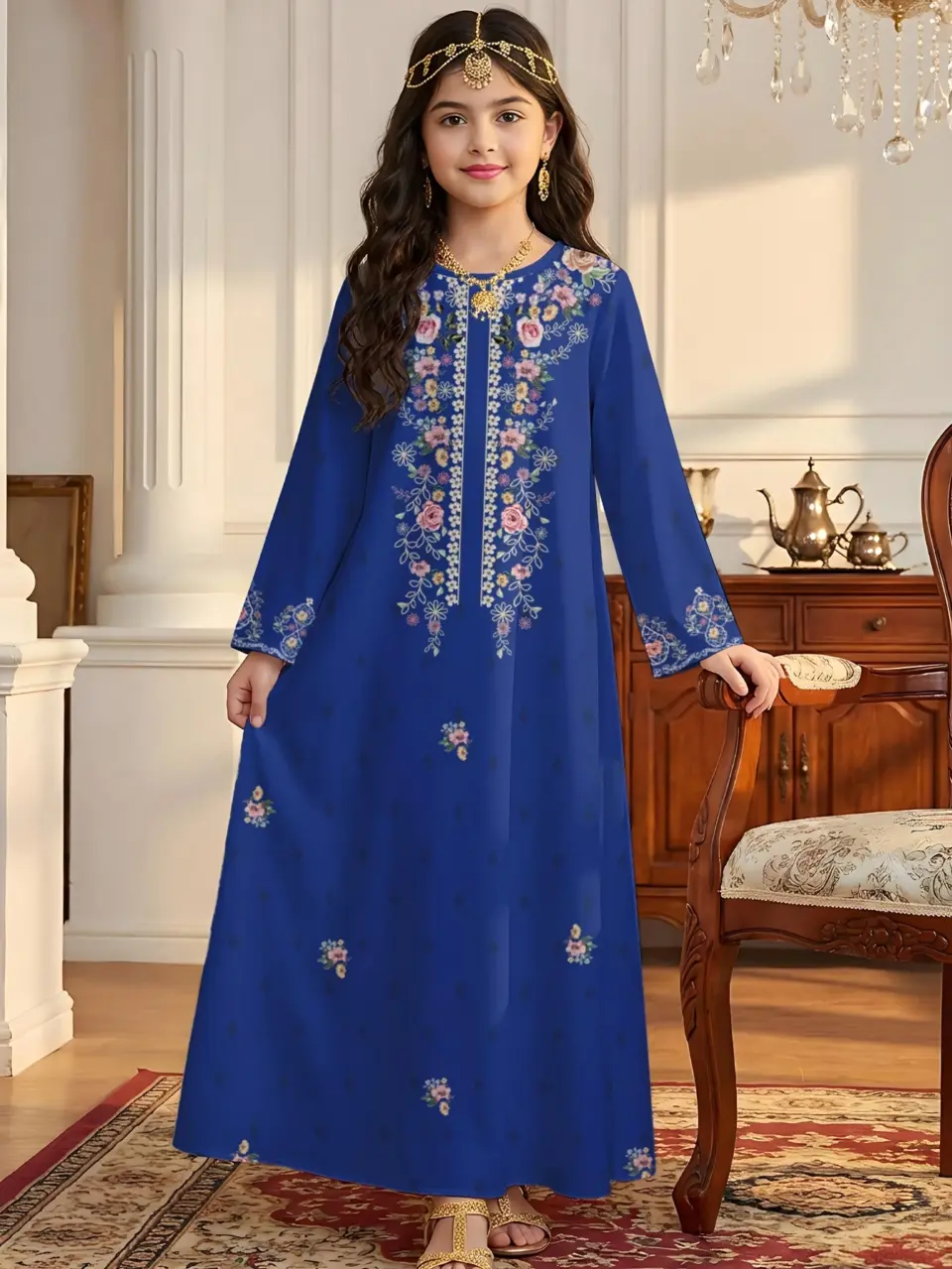 Girls Blue Floral Ramadan Eid Dress, Soft Princess Style Outfit by LUNORIANA