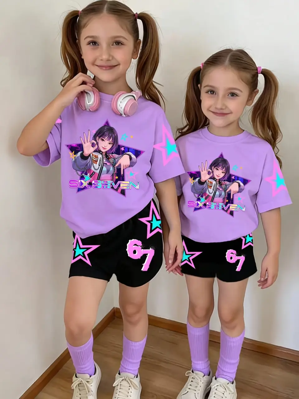 Girls Pop Star Graphic T-Shirt and Shorts 2-Piece Set by LUNORIANA