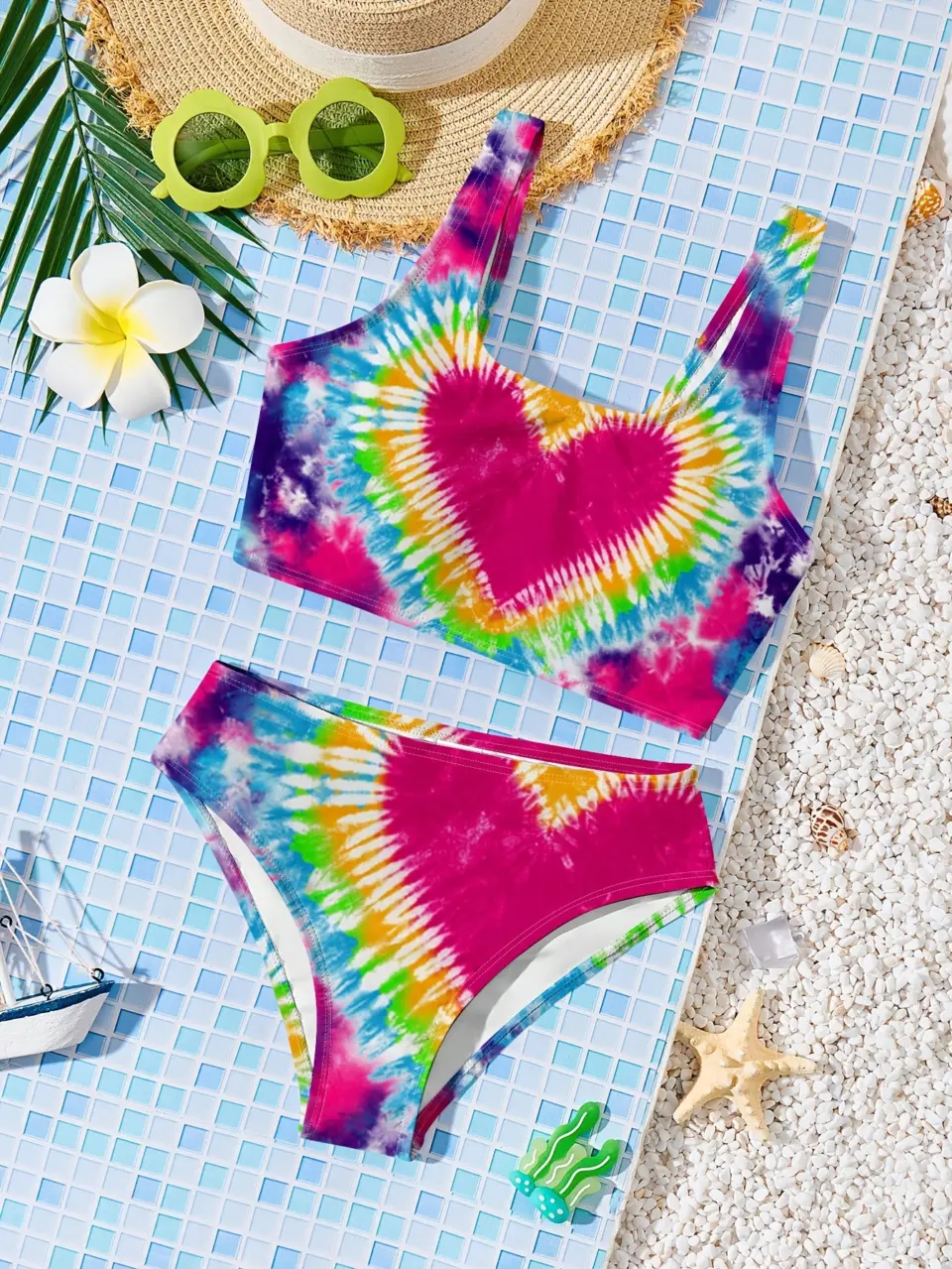 Girls Colorful Heart Print Two-Piece Swimsuit, Tankini Swim Set by LUNORIANA