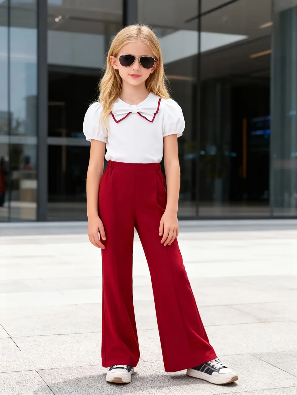 Girls Bow Neck Puff Sleeve Top and Wide Leg Pants Set by LUNORIANA