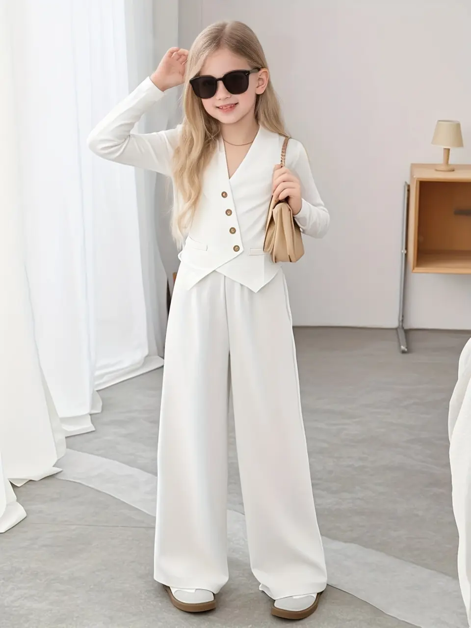 Girls Long Sleeve Blazer and Wide Leg Pants Set with Asymmetric Buttons by LUNORIANA