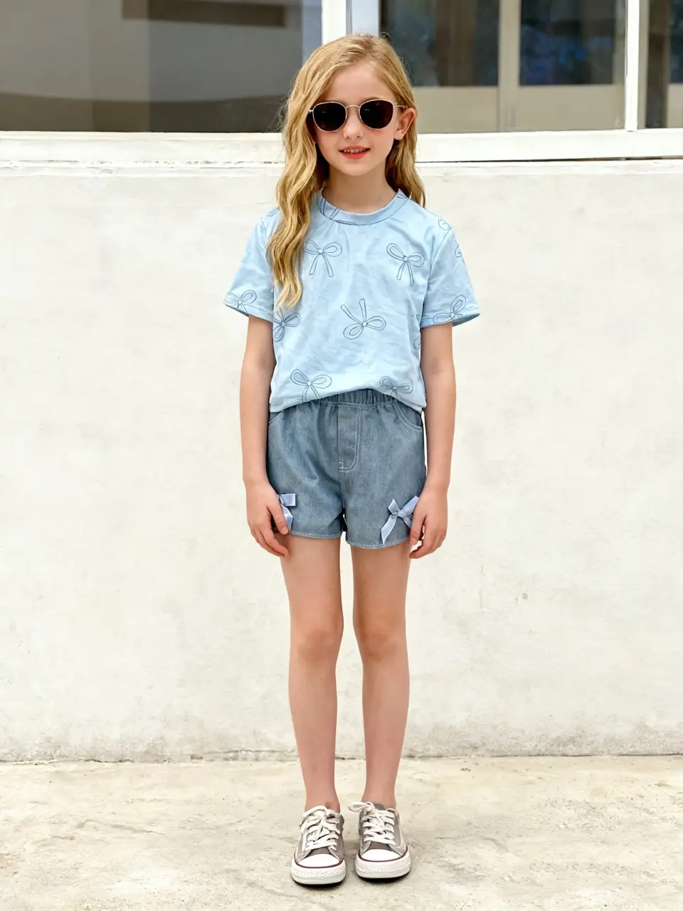 Girls Bow Graphic T-Shirt and Denim Bow Shorts Set by LUNORIANA