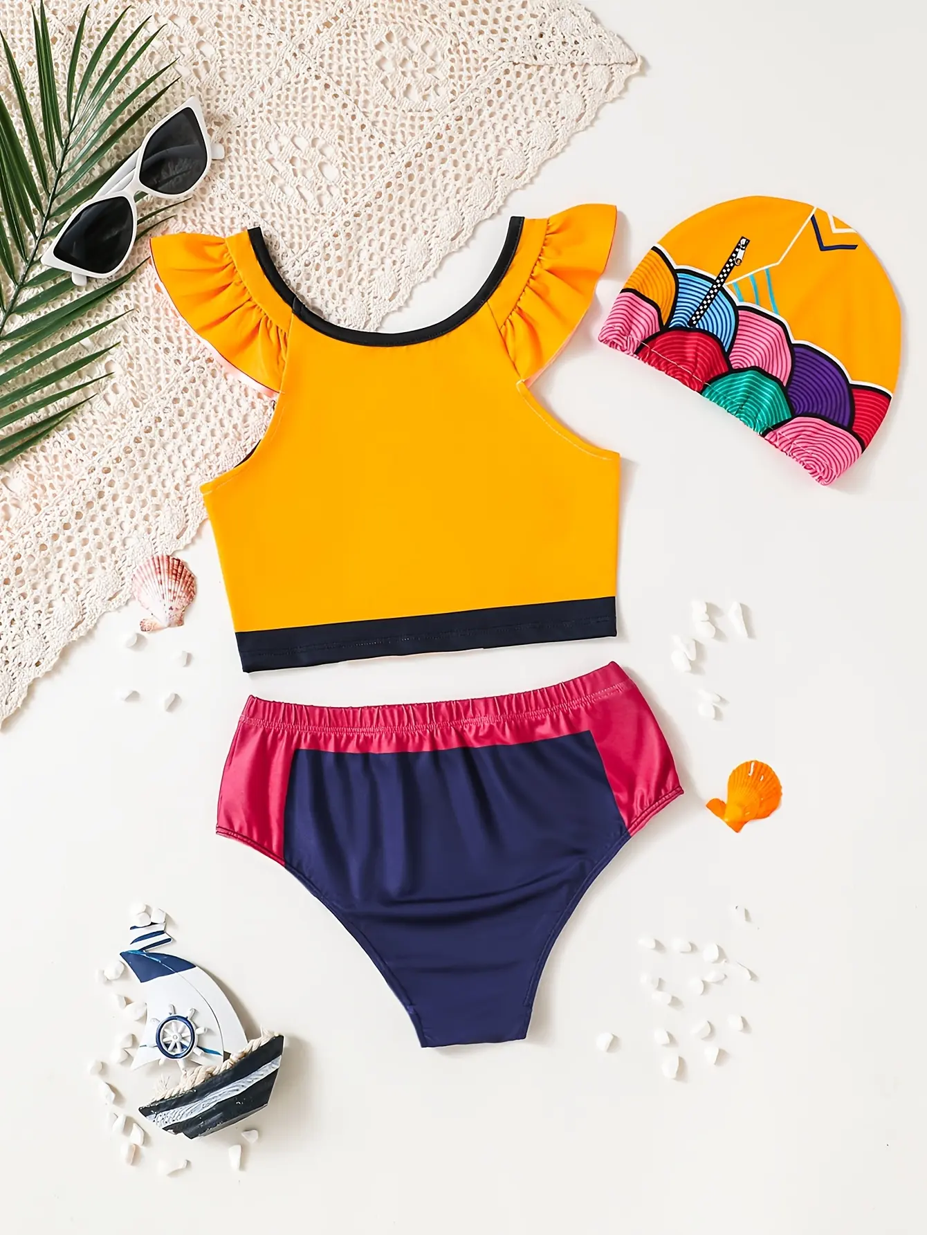 Girls Anime Print Two-Piece Swimsuit with Swim Cap gallery view