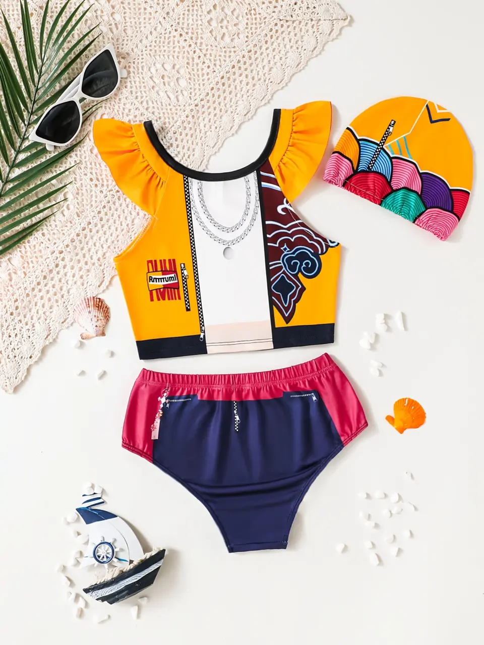 Girls Anime Print Two-Piece Swimsuit with Swim Cap by LUNORIANA