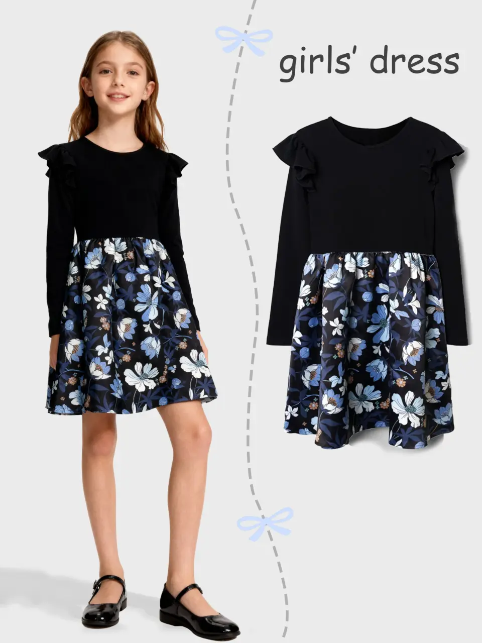 Girls Floral Dress with Black Long Sleeve Top by LUNORIANA