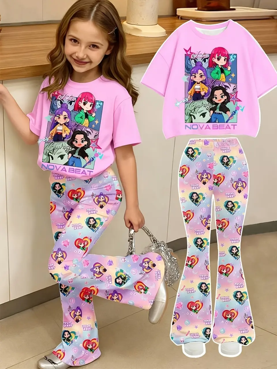 Girls Anime Print T-Shirt and Flare Pants Set by LUNORIANA