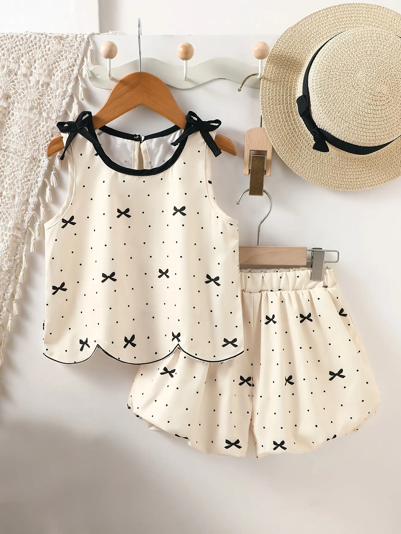 Girls Bow Strap Top and Shorts Set, Polka Dot Print Outfit gallery view