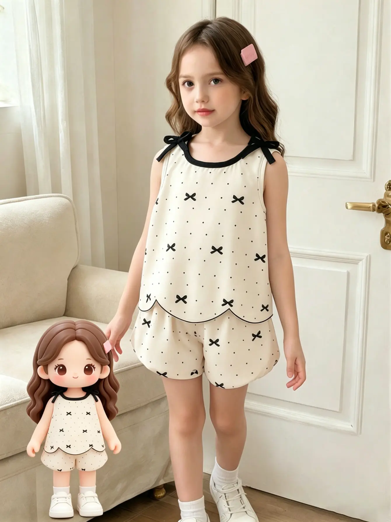 Girls Bow Strap Top and Shorts Set, Polka Dot Print Outfit by LUNORIANA