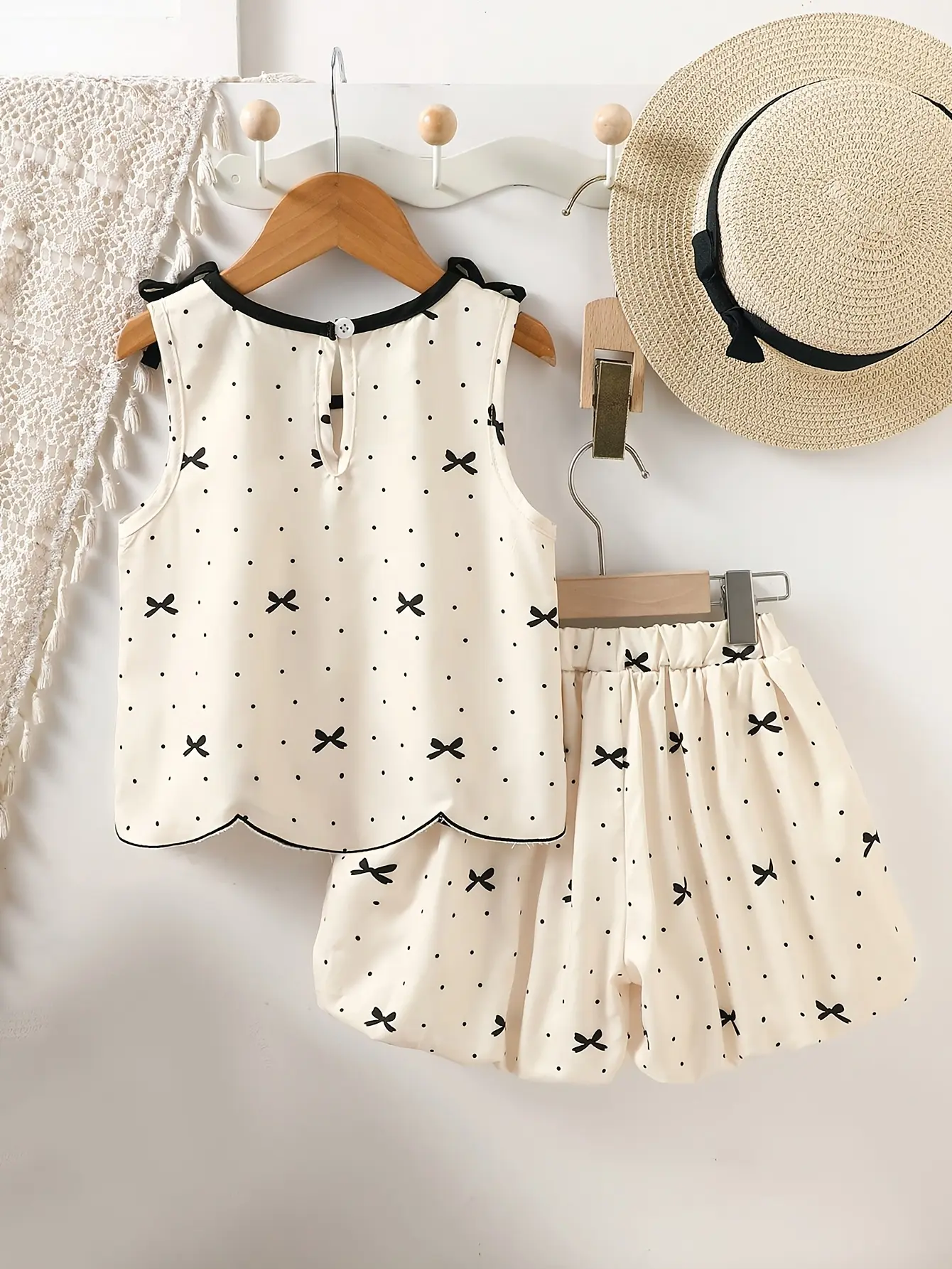 Girls Bow Strap Top and Shorts Set, Polka Dot Print Outfit gallery view