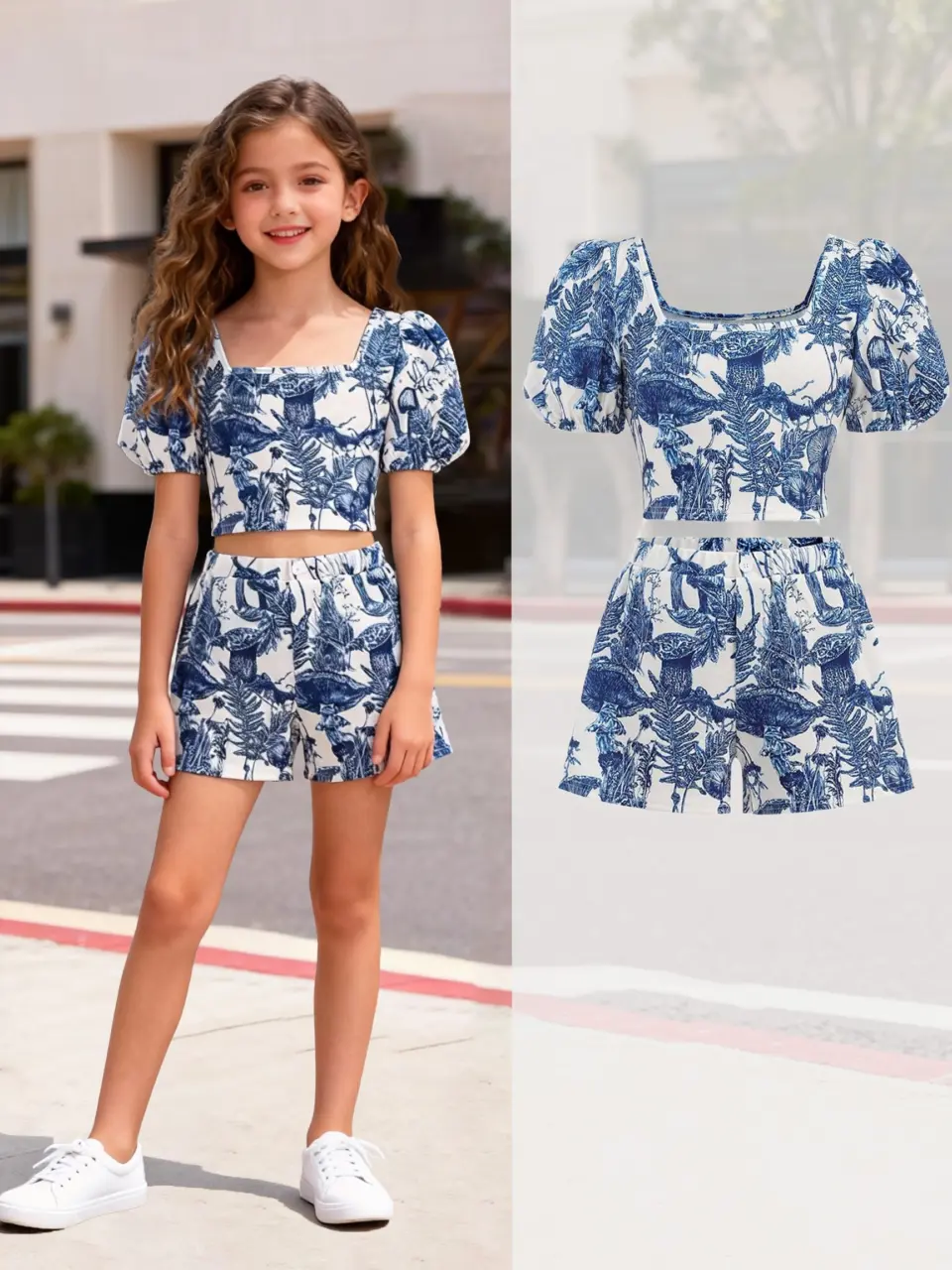 Girls Porcelain Print Puff Sleeve Top and Shorts Set by LUNORIANA