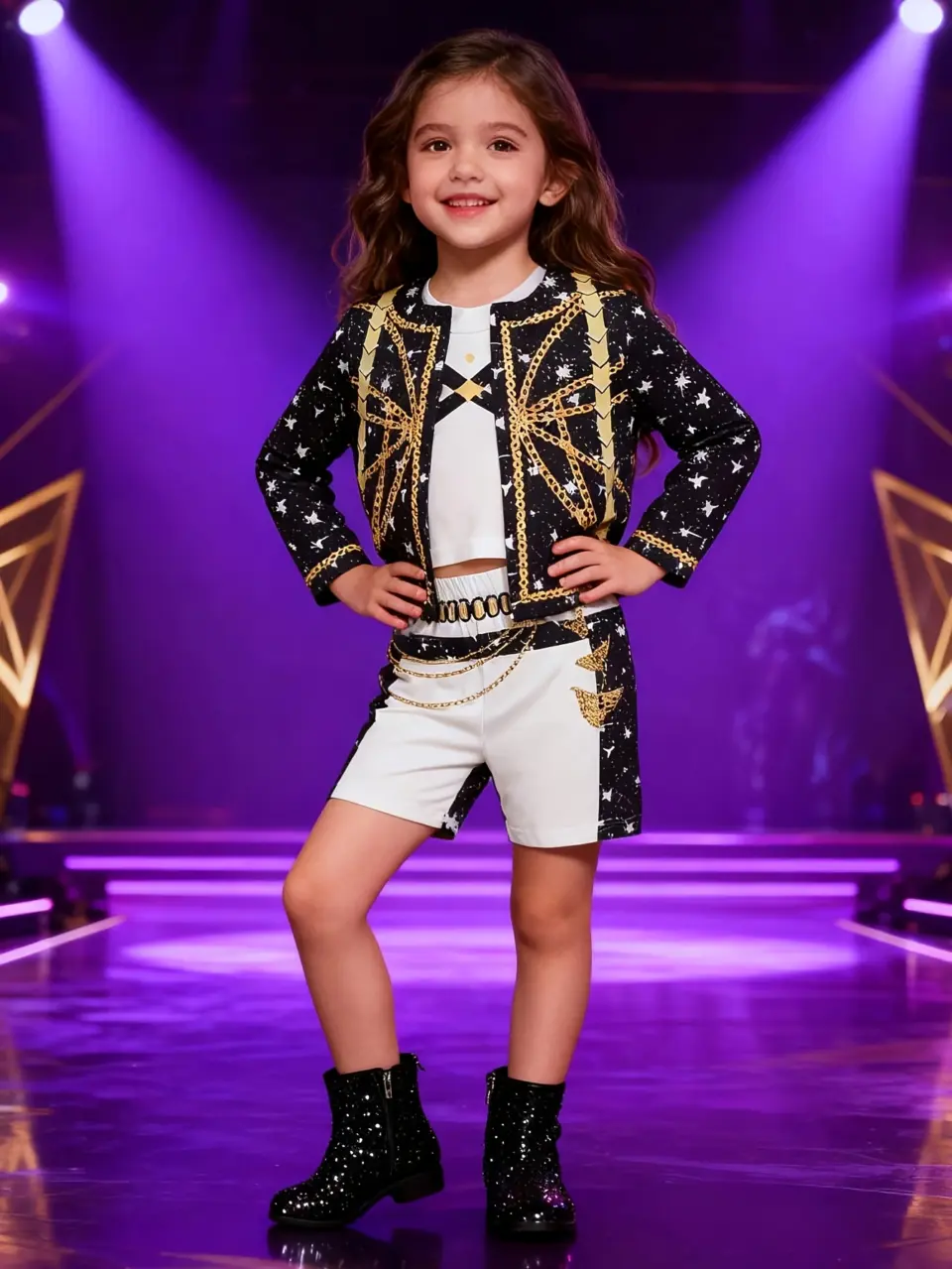 Girls Kpop Stage 3-Piece Outfit, Crop Top, Vest and Shorts by LUNORIANA