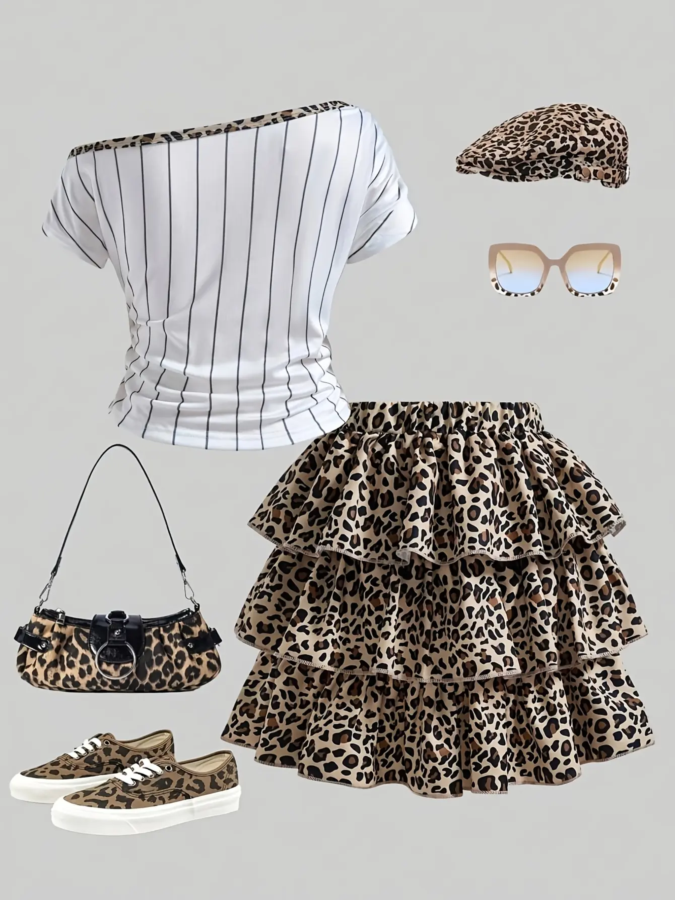 Girls Leopard Off-Shoulder Tee and Skirt Set gallery view