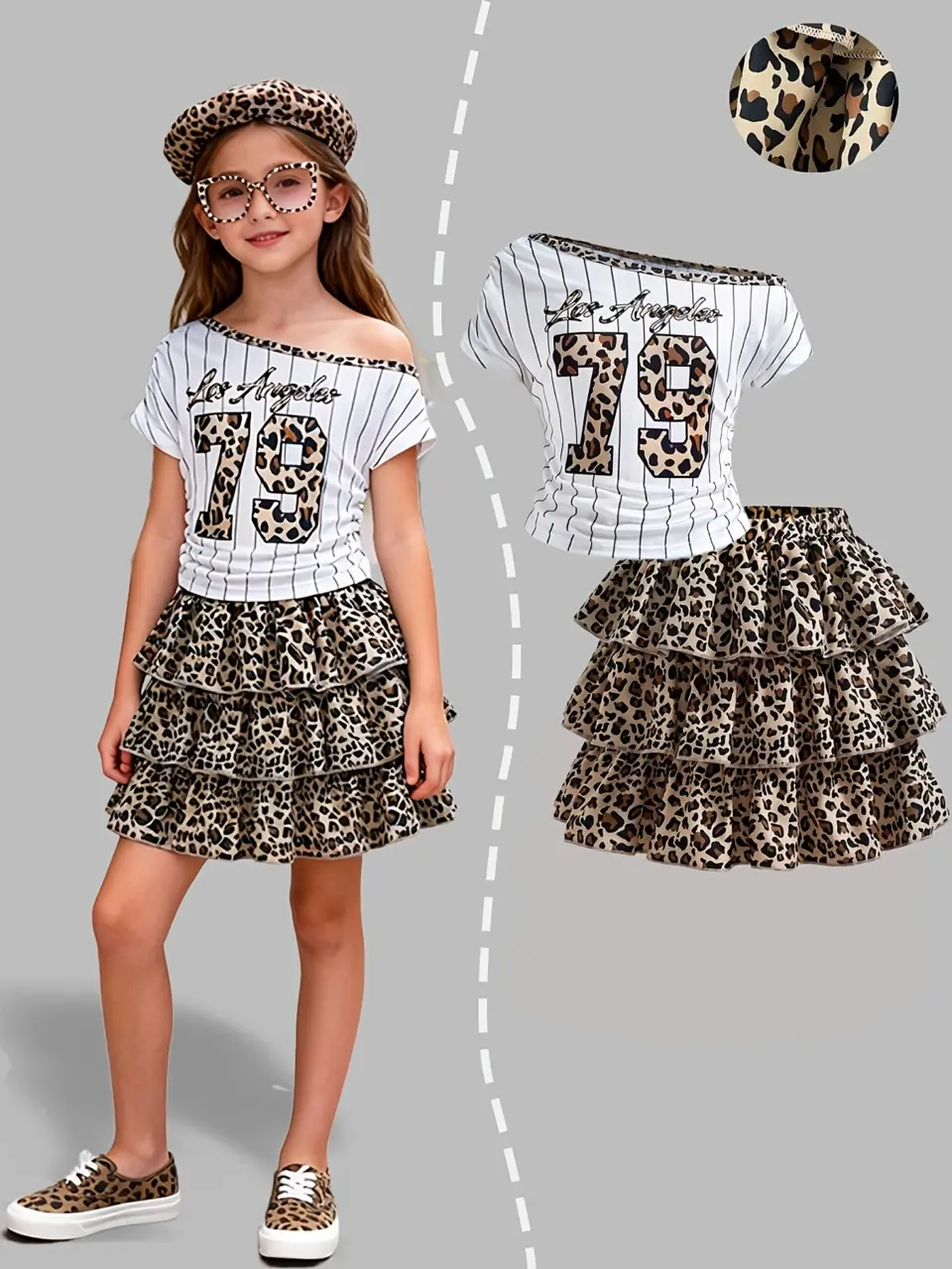 Girls Leopard Off-Shoulder Tee and Skirt Set by LUNORIANA