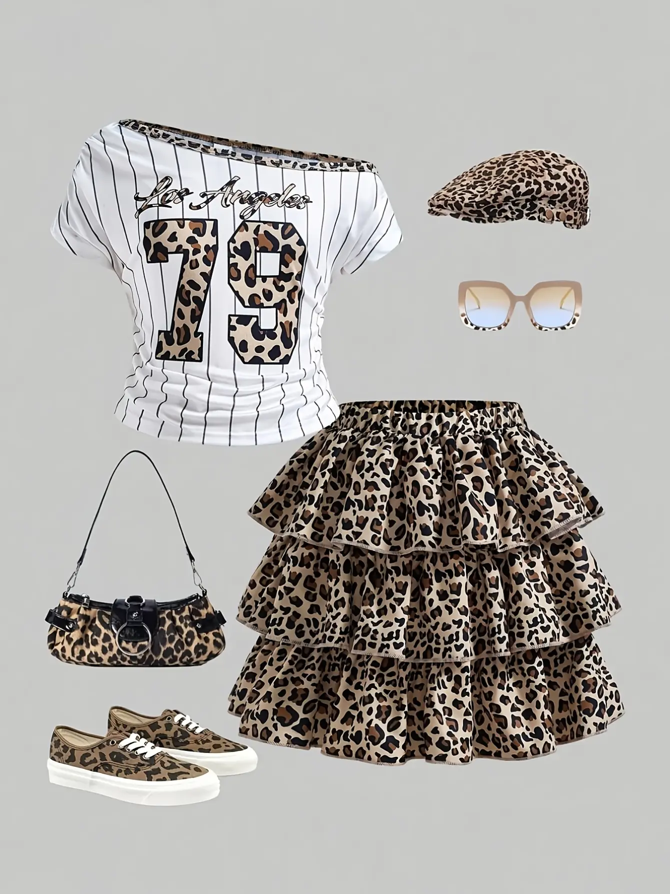 Girls Leopard Off-Shoulder Tee and Skirt Set gallery view