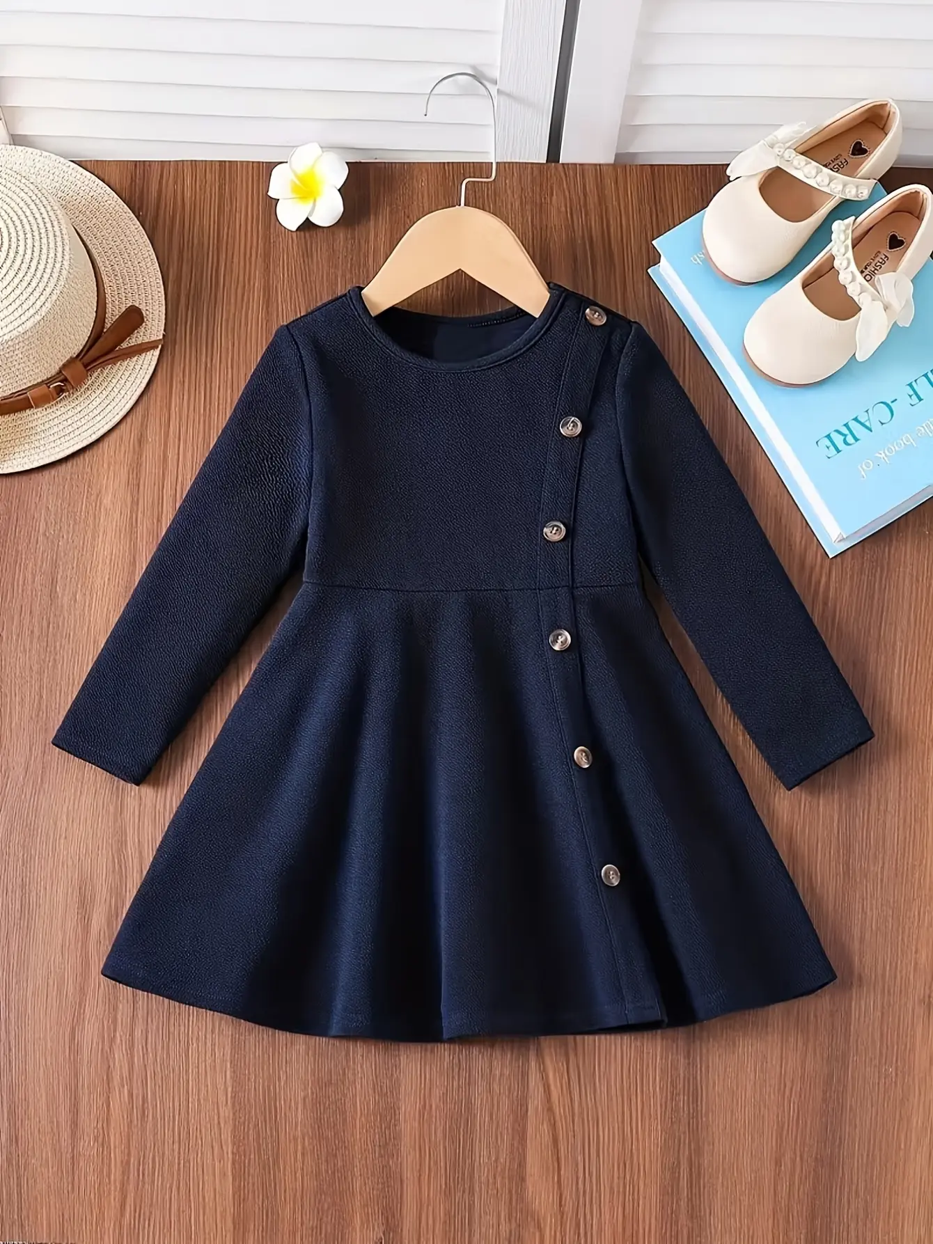 Girls Navy Princess Dress, Soft Solid Party Outfit gallery view