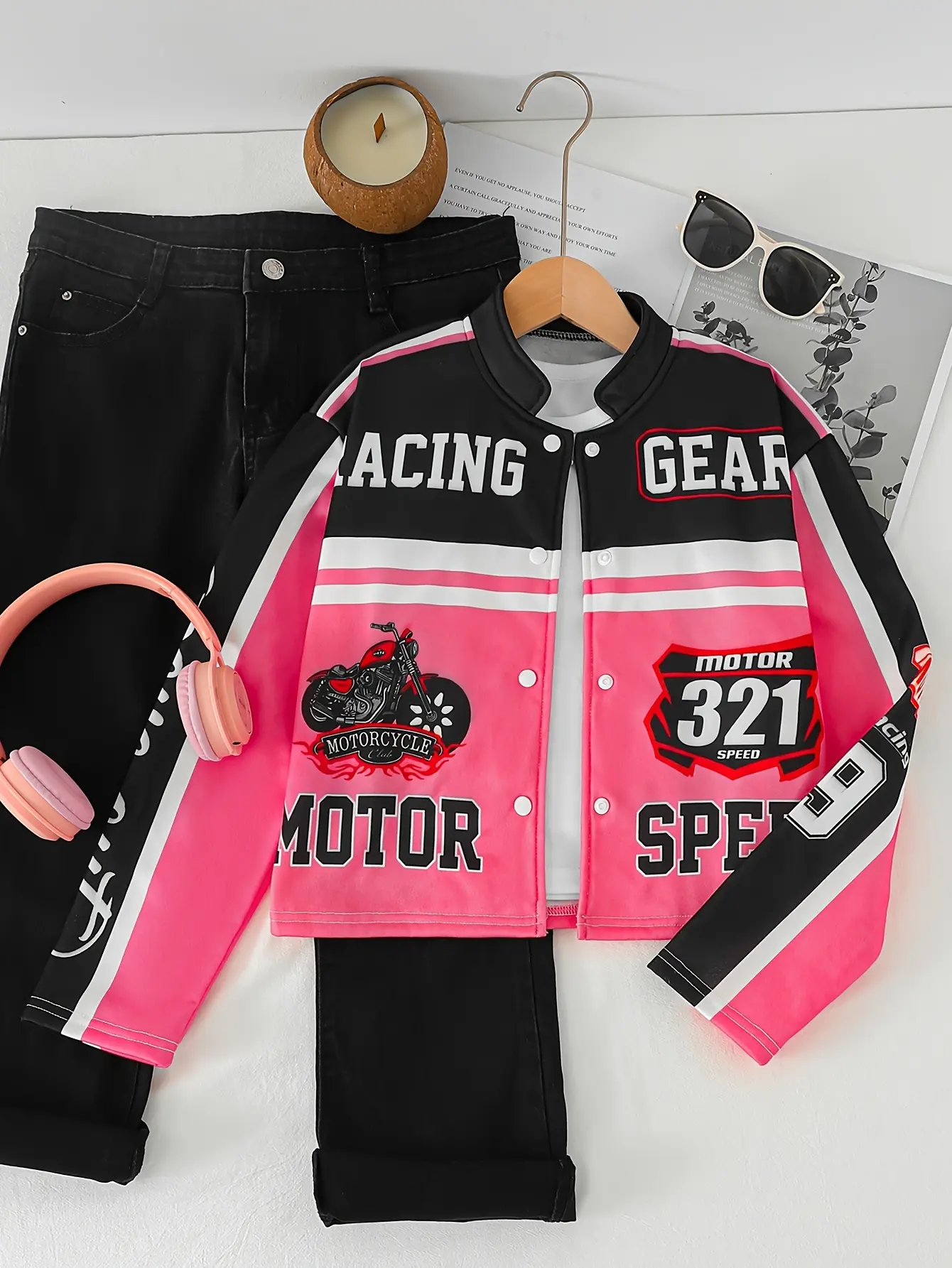 Girls Moto Print Jacket, Cool Casual Outerwear gallery view