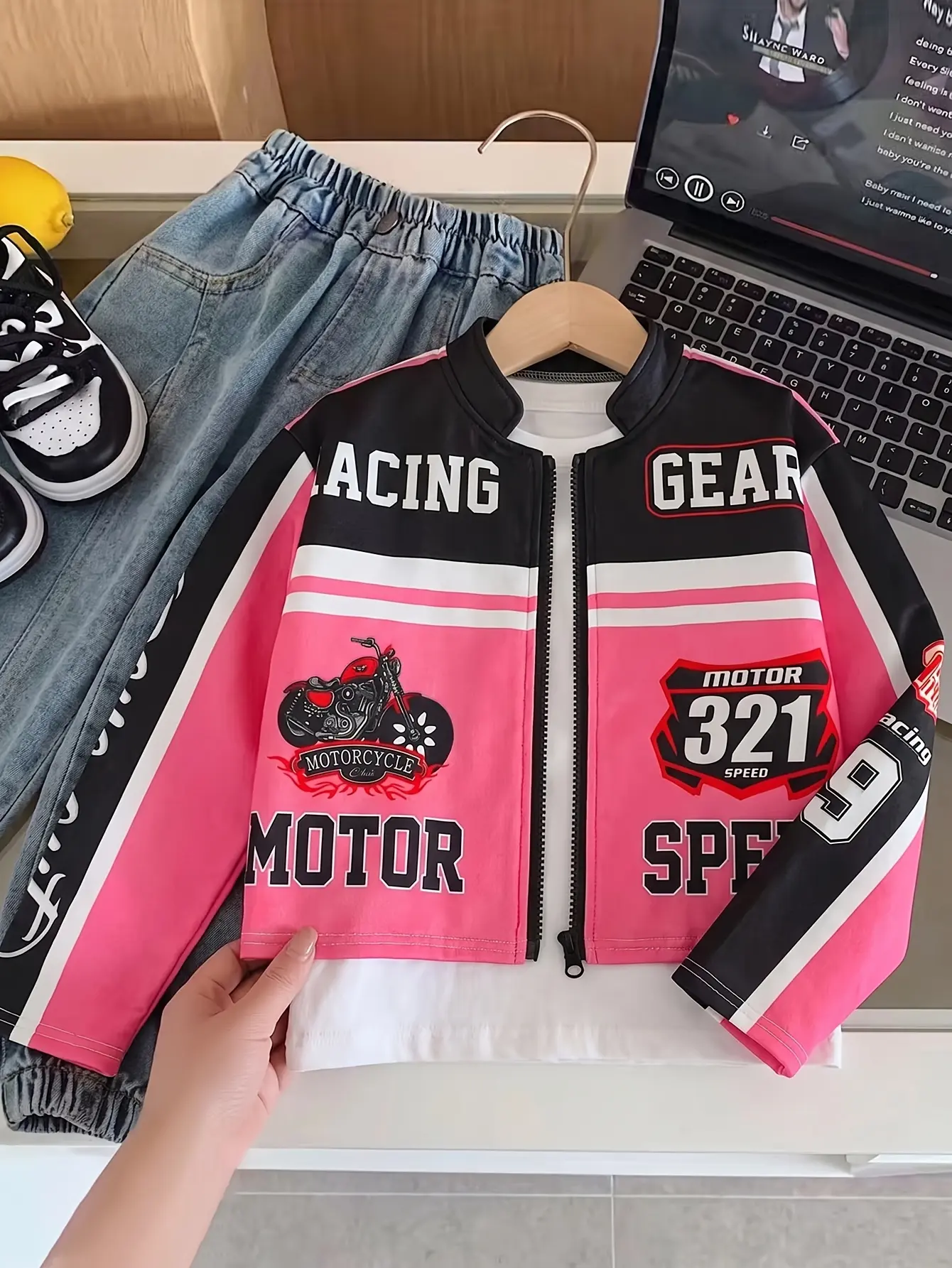 Girls Moto Print Jacket, Cool Casual Outerwear gallery view