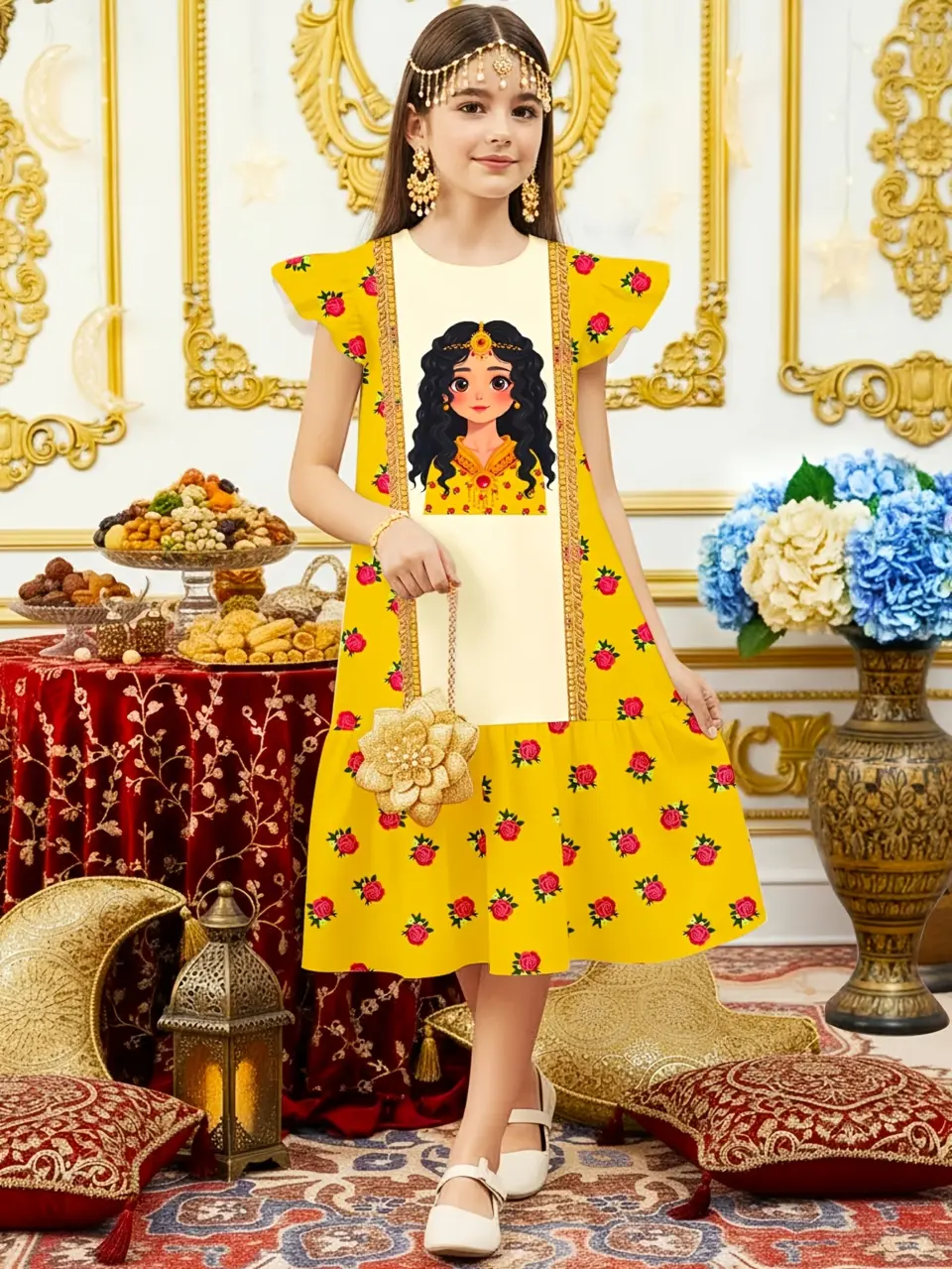 Girls Red Rose Print Princess Dress, Soft Summer Party Outfit by LUNORIANA