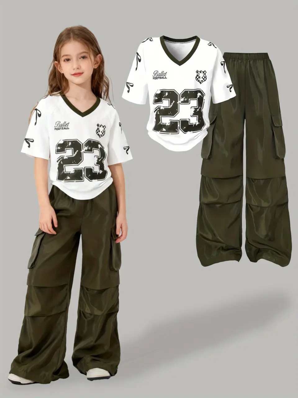 Girls V-Neck Number Tee and Cargo Pants Set by LUNORIANA
