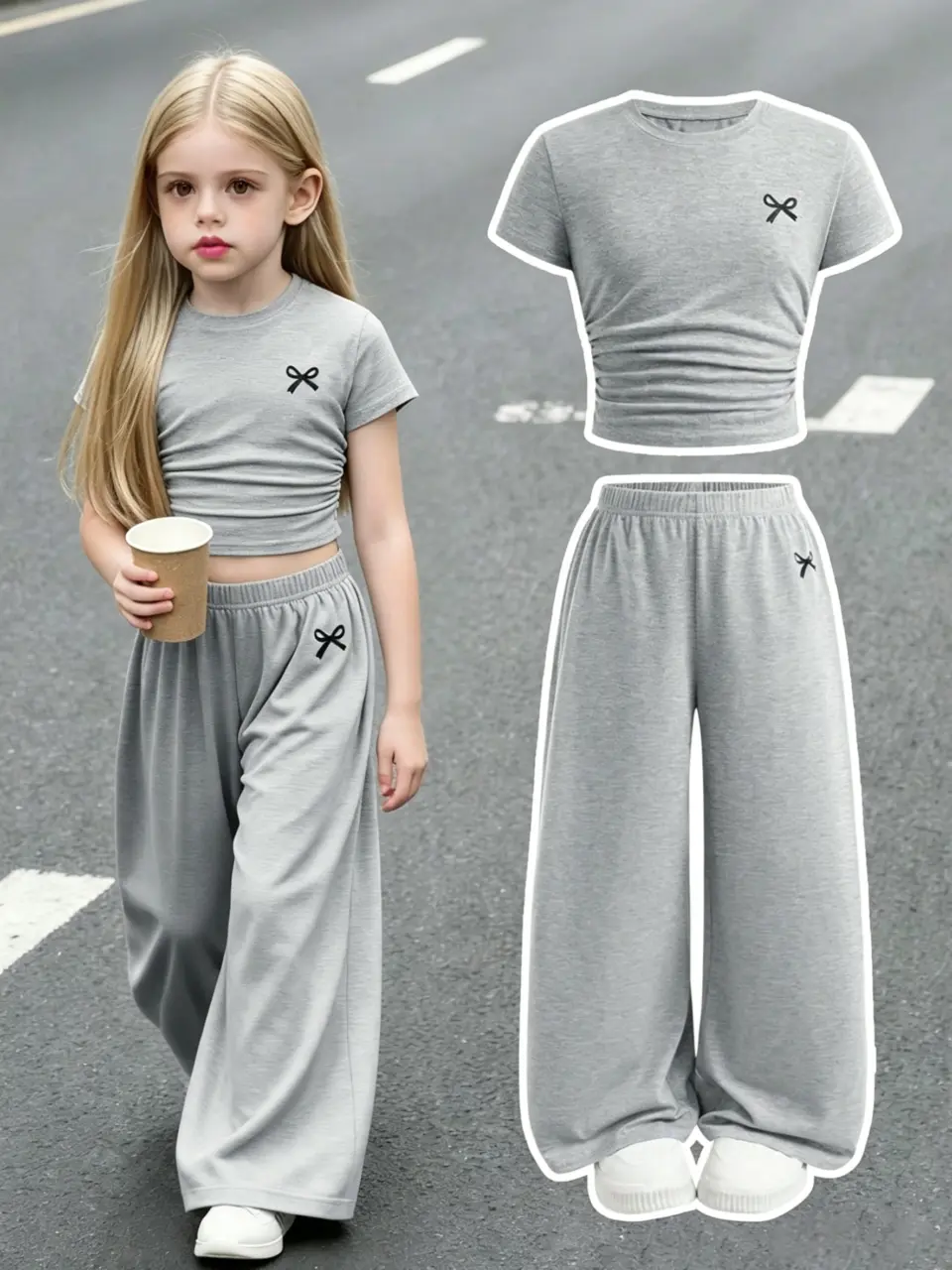 Girls Gray Crop Top and Wide Leg Pants Set, Bow Print Outfit by LUNORIANA