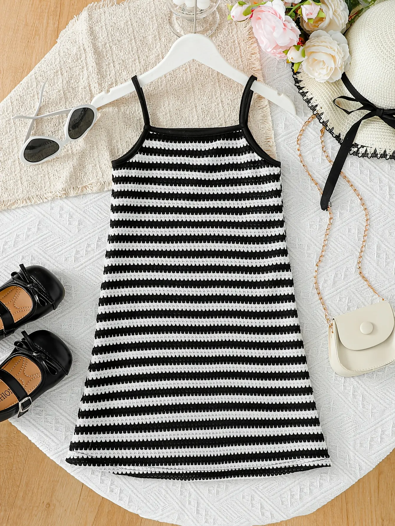 Girls Black and White Striped Knit Cami Dress gallery view