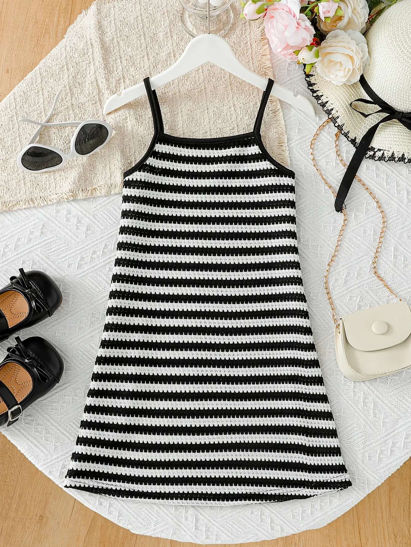 Girls Black and White Striped Knit Cami Dress gallery view
