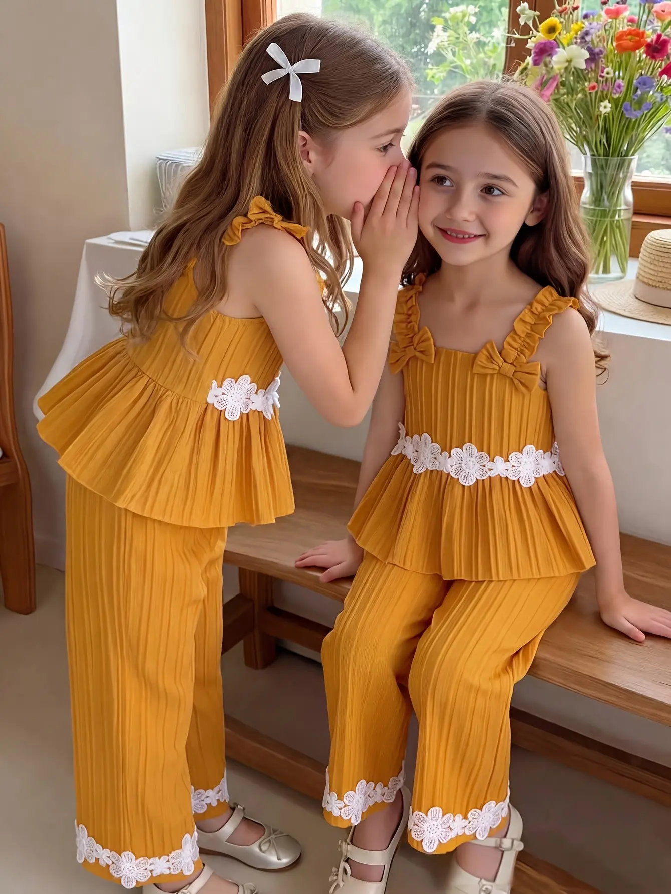 Girls Orange Floral Open Back Top and Pants Set by LUNORIANA