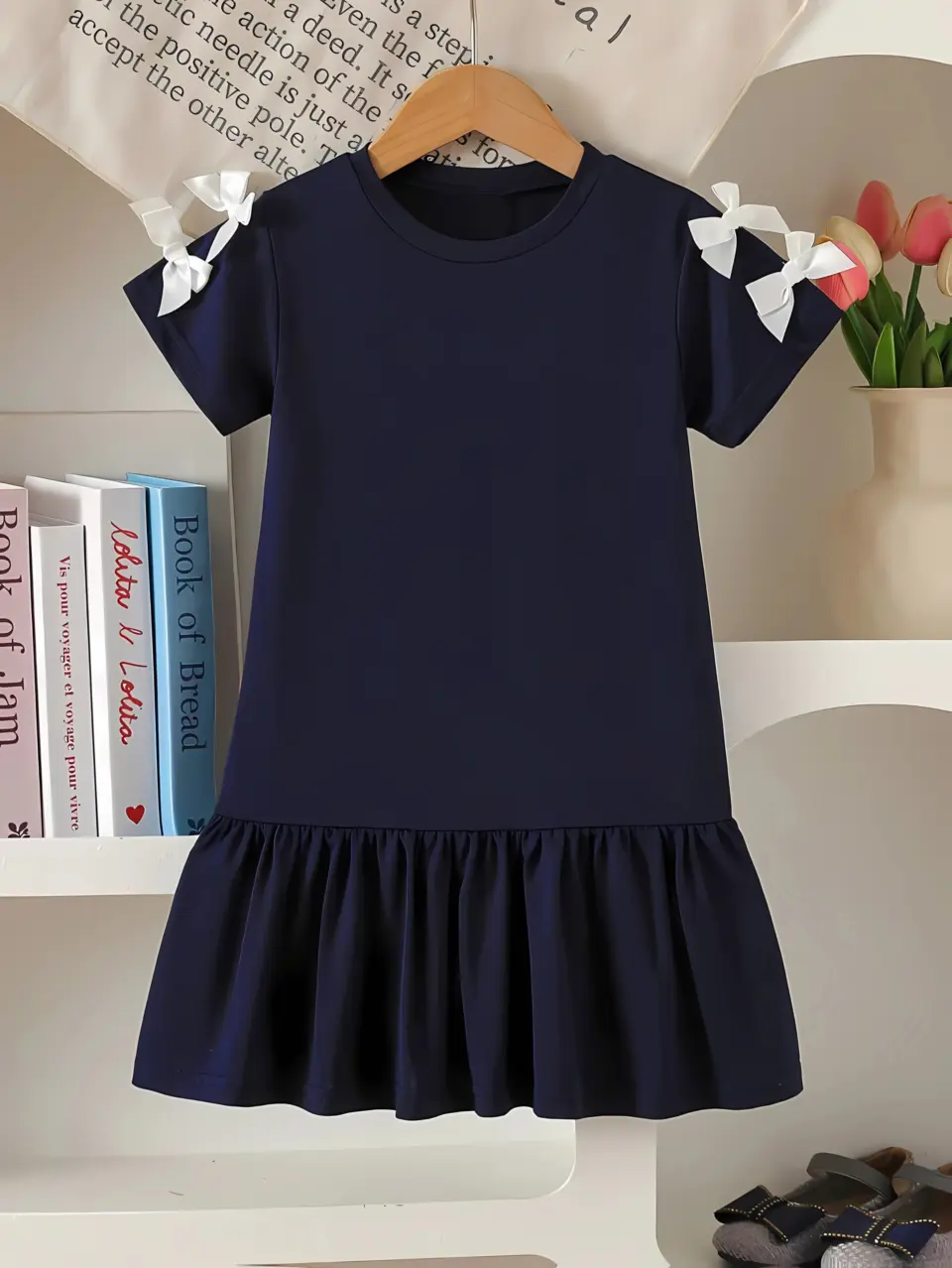 Girls Solid Bow Shoulder Dress, Soft Minimal Party Outfit by LUNORIANA