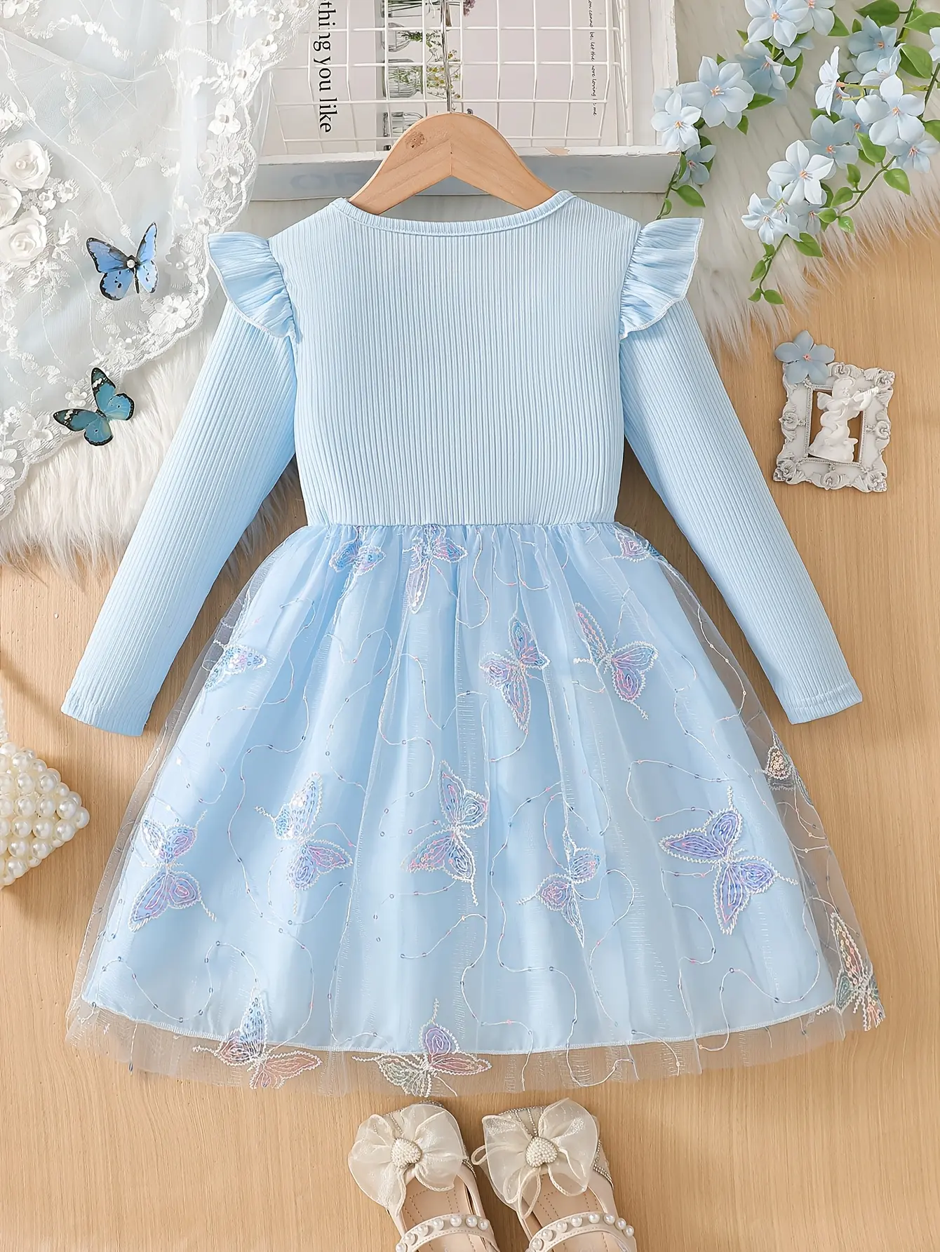 Detail 8 of Girls Butterfly Beaded Sequin Tulle Dress by LUNORIANA