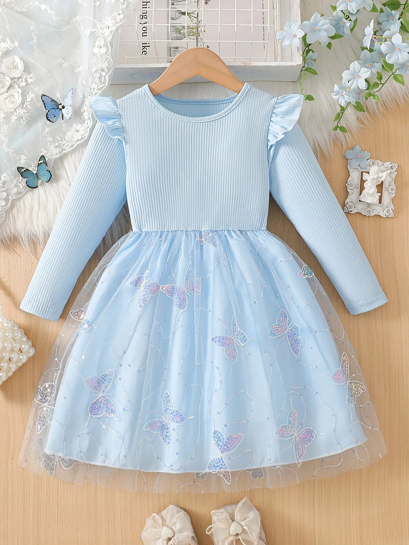Girls Butterfly Beaded Sequin Tulle Dress by LUNORIANA