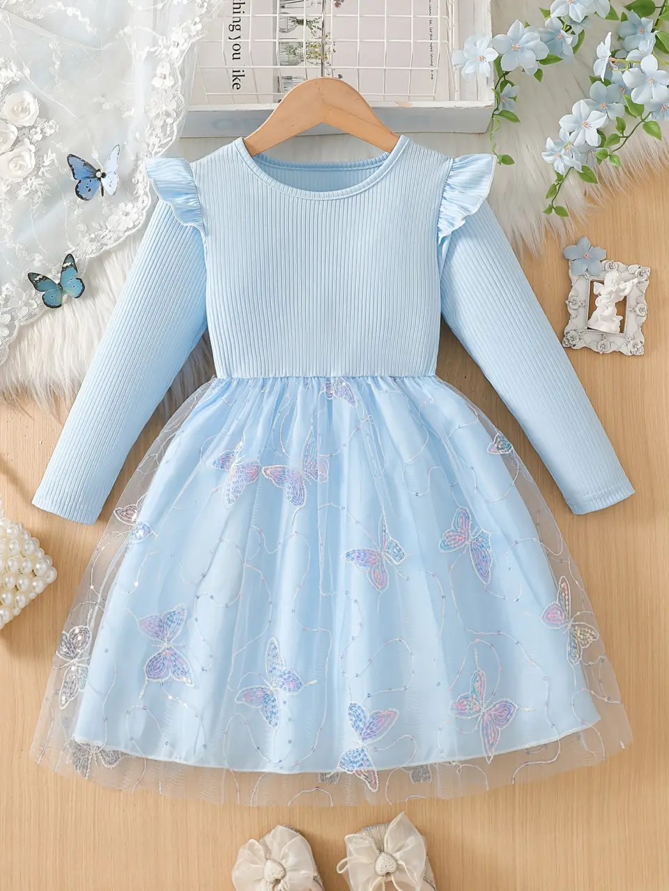Girls Butterfly Beaded Sequin Tulle Dress by LUNORIANA