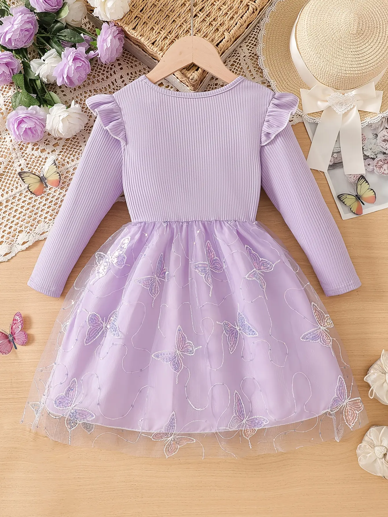 Detail 2 of Girls Butterfly Beaded Sequin Tulle Dress by LUNORIANA