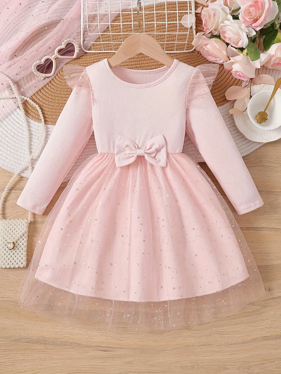 Girls Star Print Long Sleeve Tulle Dress by LUNORIANA