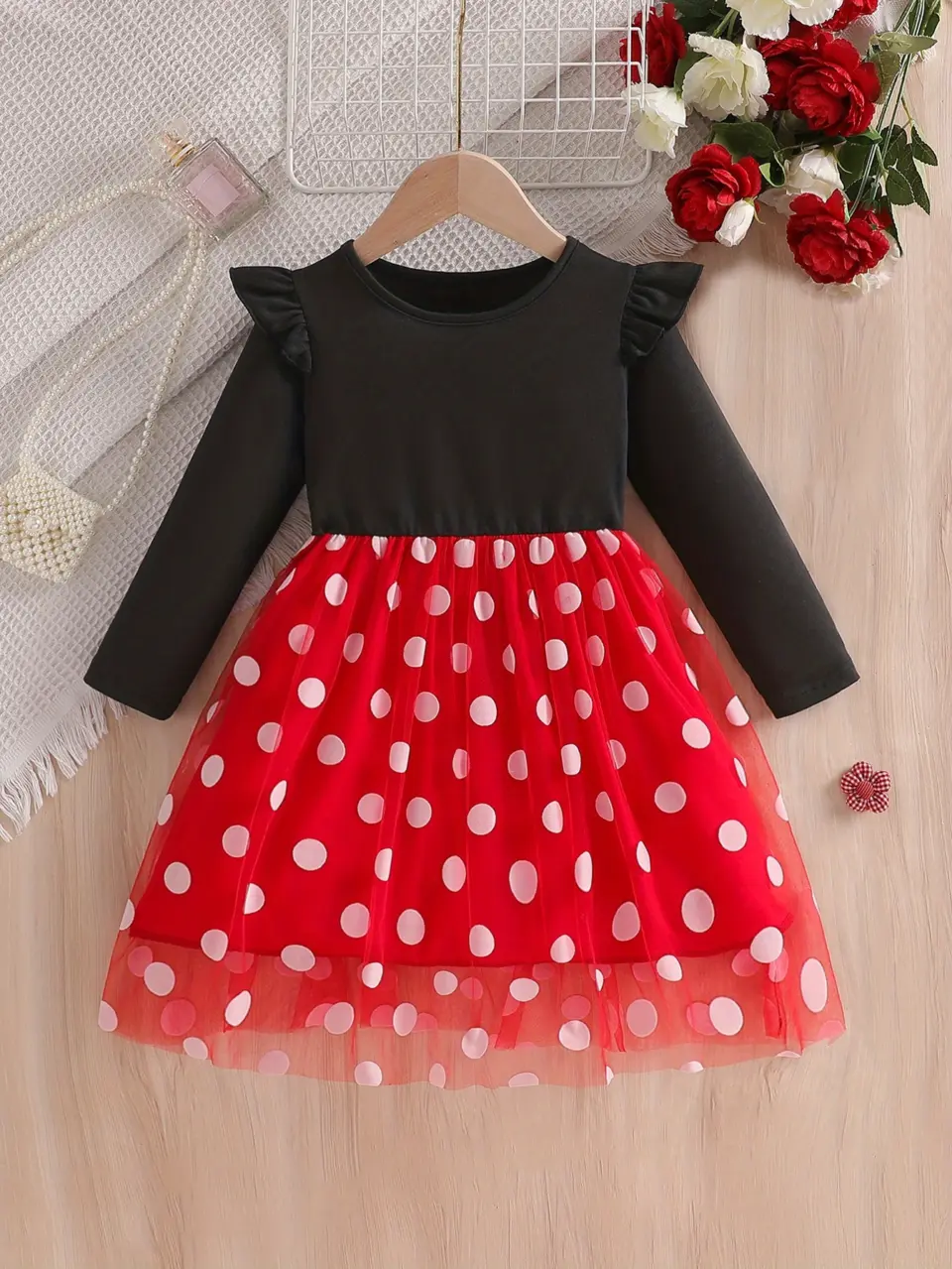 Detail view of Girls Polka Dot Tulle Princess Dress with Long Sleeves by LUNORIANA