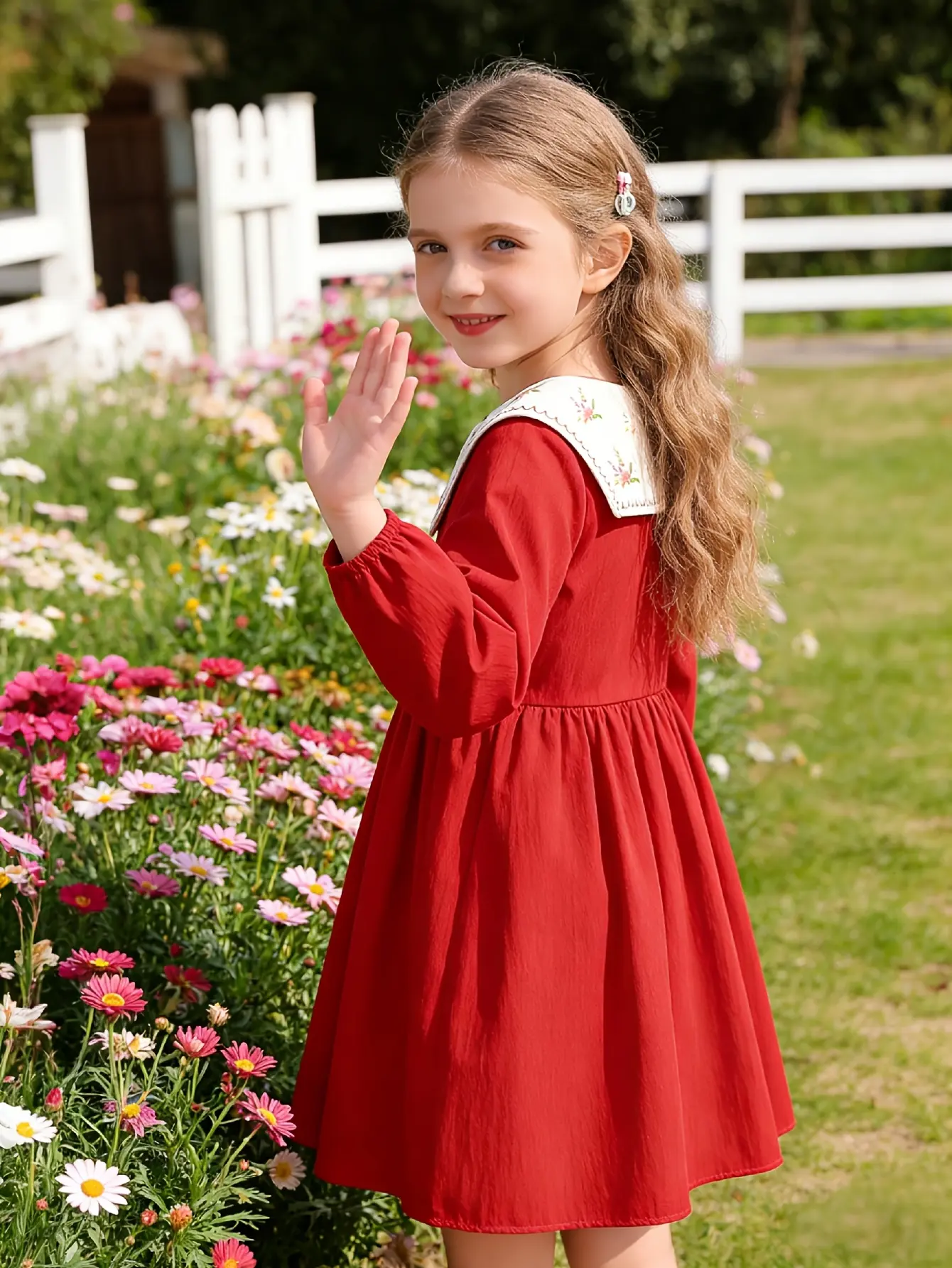 Detail 1 of Girls Red Long Sleeve Dress with Lace Collar and Buttons by LUNORIANA