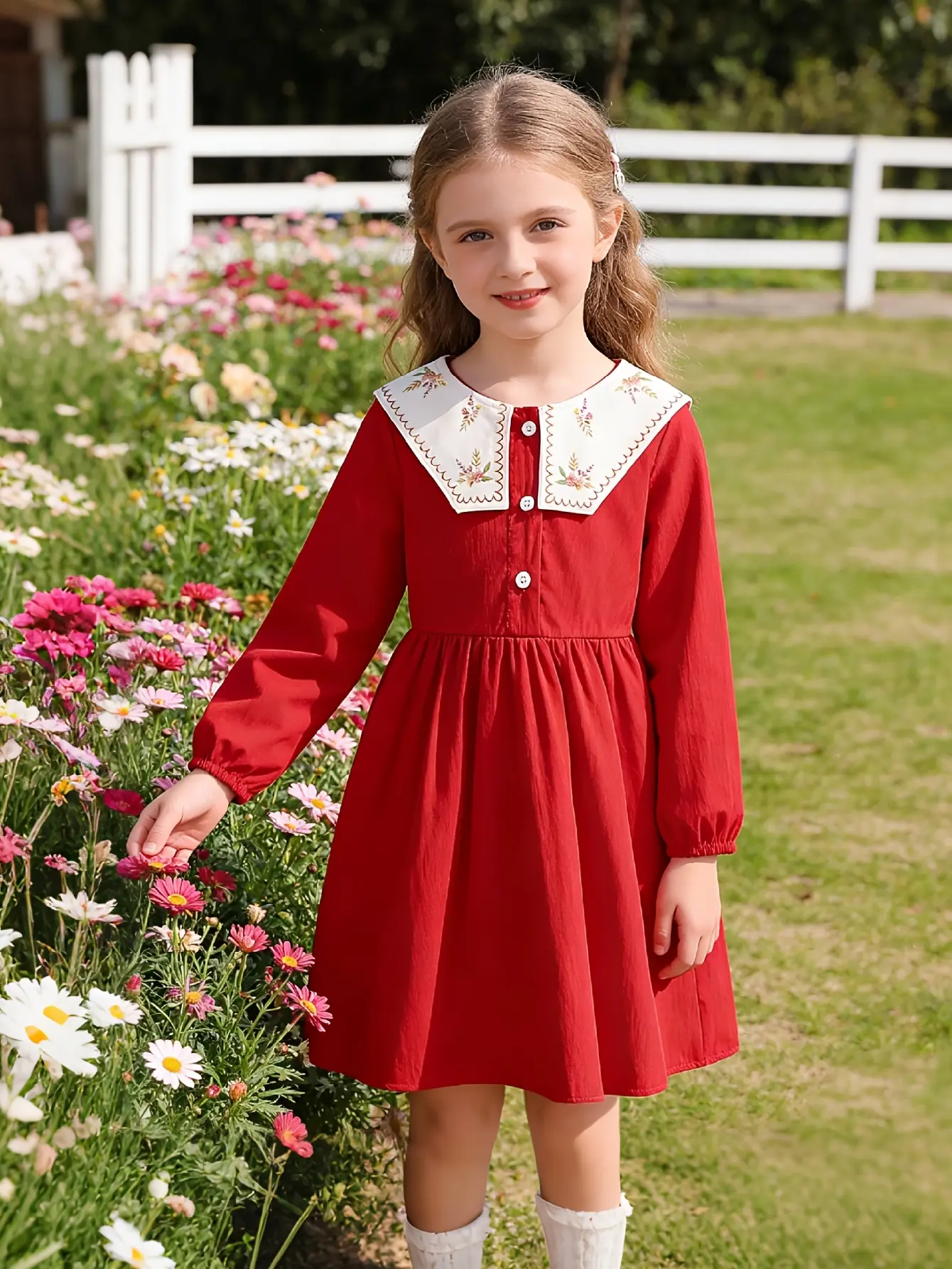 Girls Red Long Sleeve Dress with Lace Collar and Buttons by LUNORIANA
