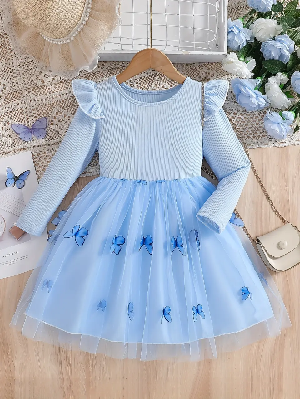 Girls Long Sleeve Butterfly Embroidered Tulle Dress by LUNORIANA