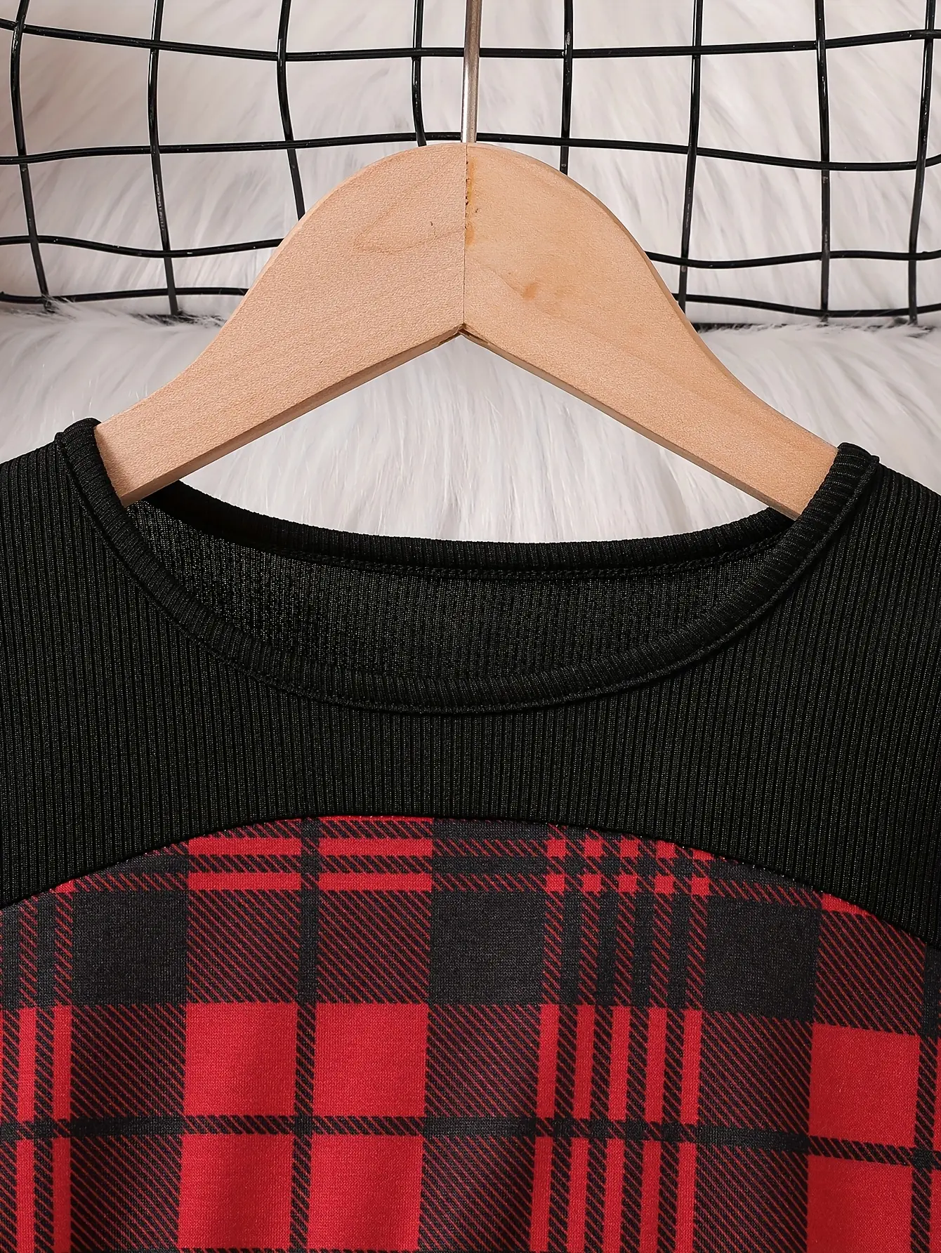 Detail 2 of Girls Plaid Panel Long Sleeve Dress by LUNORIANA