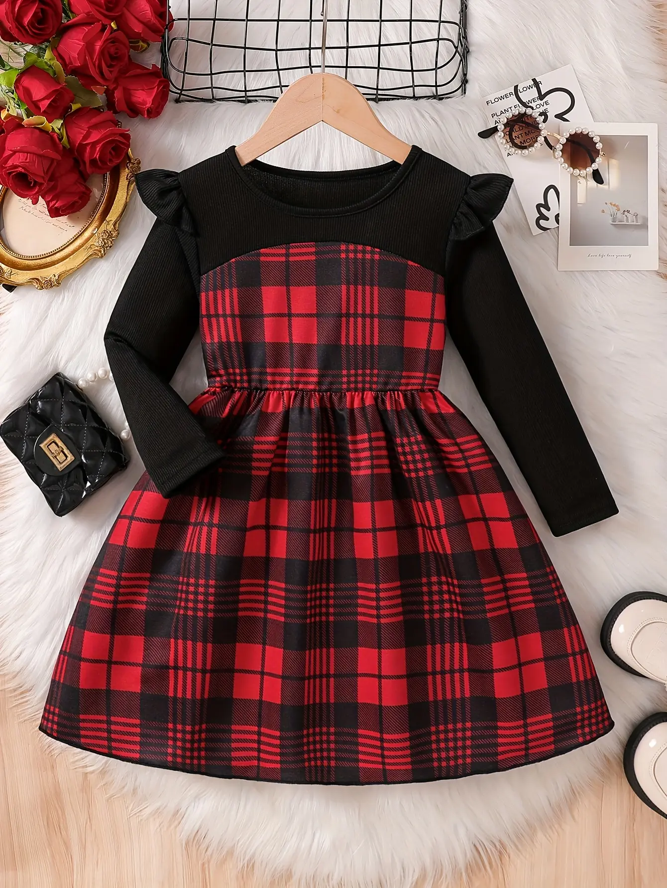 Girls Plaid Panel Long Sleeve Dress by LUNORIANA