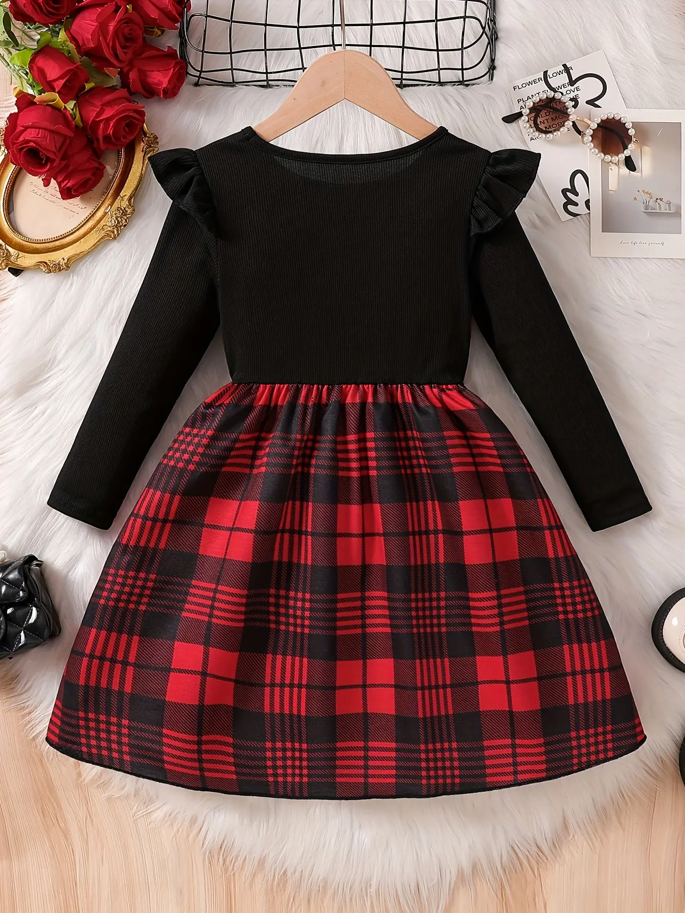 Detail 1 of Girls Plaid Panel Long Sleeve Dress by LUNORIANA