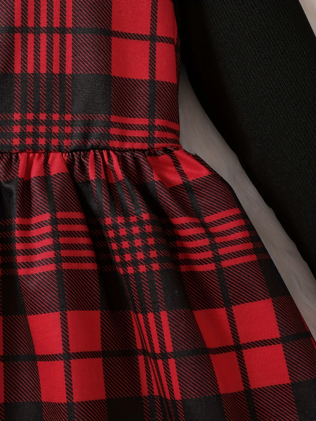 Detail 3 of Girls Plaid Panel Long Sleeve Dress by LUNORIANA
