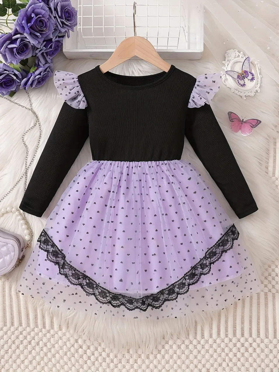 Girls Ribbed Tulle Performance Dress with Lace Detail by LUNORIANA