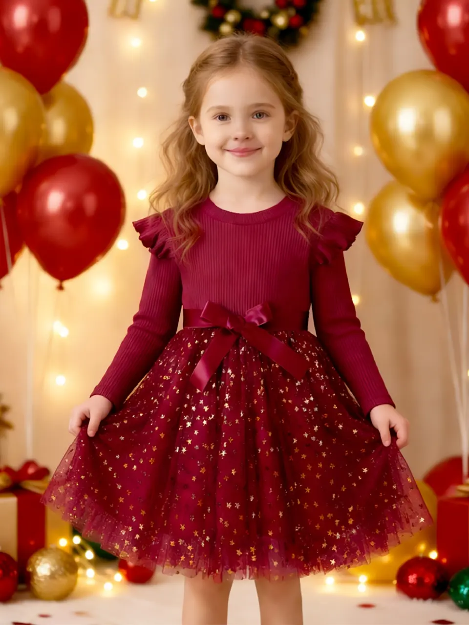 Girls Red Valentine Star Sequin Tulle Dress by LUNORIANA