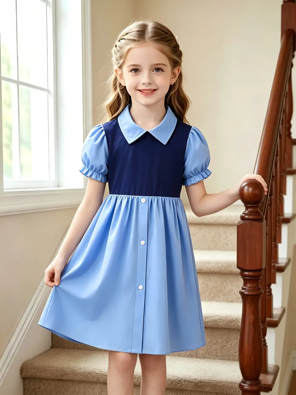 Girls Colorblock School Style Dress with Peter Pan Collar by LUNORIANA