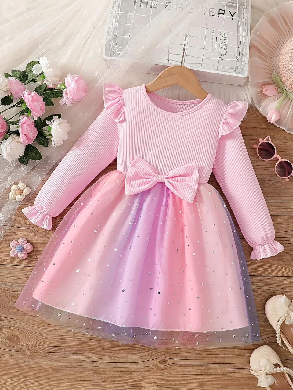 Girls Ribbed Bow Tulle Dress with Gradient Princess Skirt by LUNORIANA