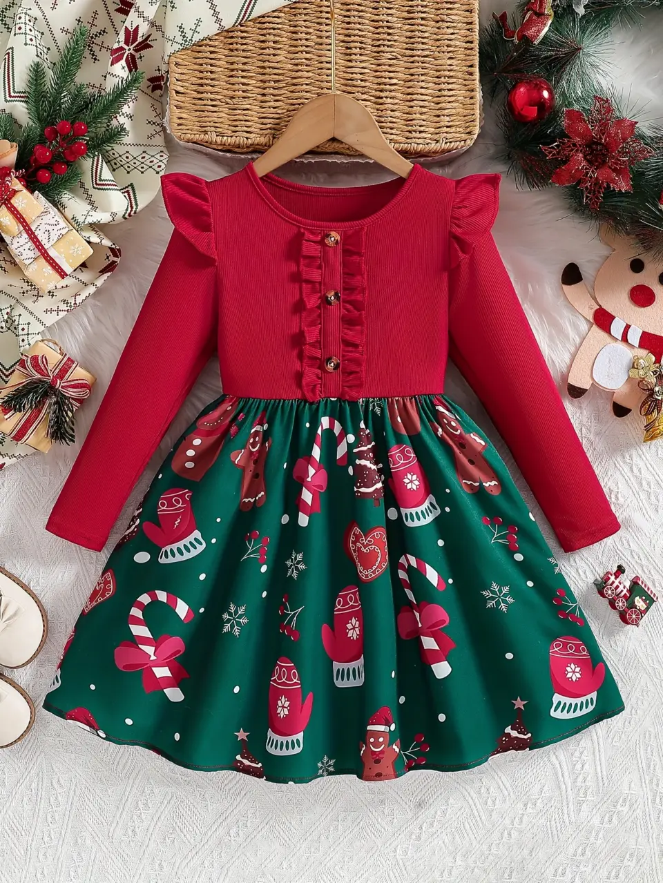 Girls Red Christmas Print Long Sleeve Ribbed Dress by LUNORIANA